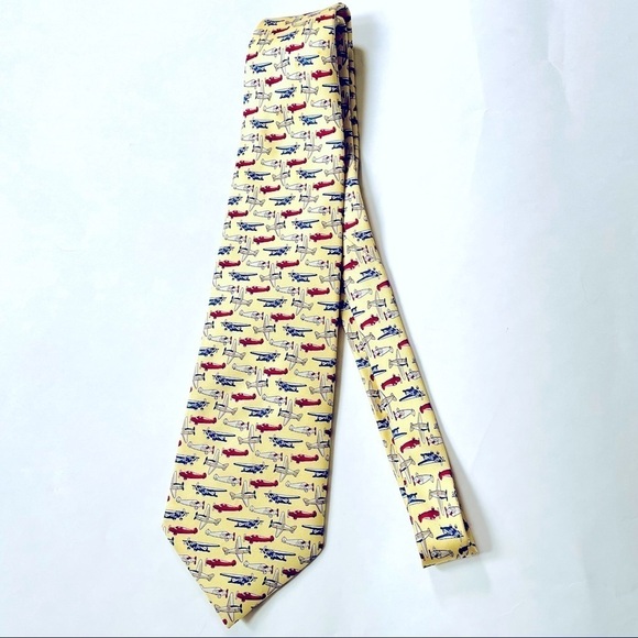 Vintage Rivety of Boston Cream Yellow Gibbon Aviation Plane Print 100% Silk Tie - Picture 7 of 7